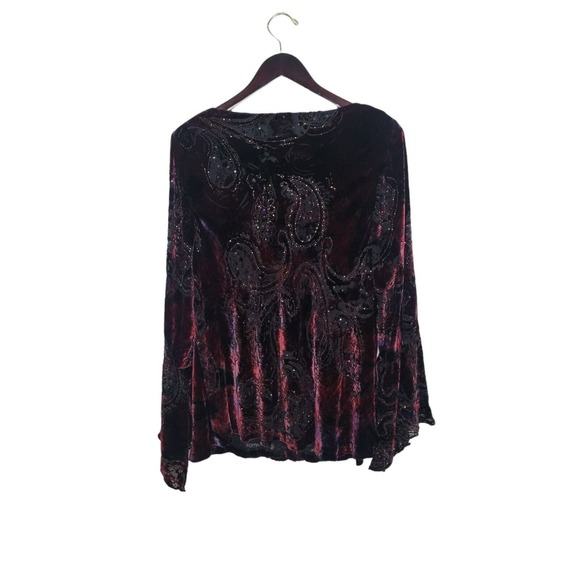 Carmen Marc Valvo Size 2x Bell Sleeve Cowl Neck Paisley Velvet Top Blouse Gothic - Picture 2 of 12